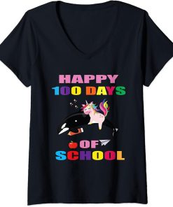 Womens Cool Happy 100th Day of School Unicorn Riding Orca V-Neck T-Shirt