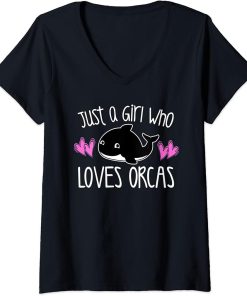 Womens JUST A GIRL WHO LOVES ORCAS Funny Killer Whale Kids Graphic V-Neck T-Shirt