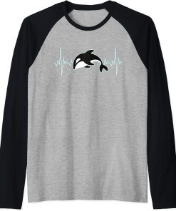 Funny Pun Orca Whale Heartbeat ECG Design Raglan Baseball Tee