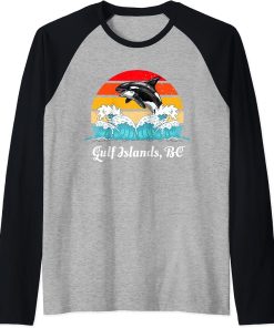 Vintage Gulf Islands BC Distressed Orca Killer Whale Art Raglan Baseball Tee