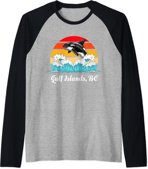 Vintage Gulf Islands BC Distressed Orca Killer Whale Art Raglan Baseball Tee